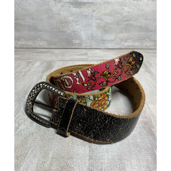 Ed Hardy Belt Womens 29 Pink Black Leather Floral Rhinestones Silver Tone VTG main image 8